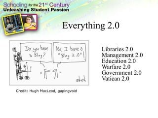 Everything 2.0
By the year 2011 80% of all Fortune 500
companies will be using immersive worlds2.0
                                 Libraries –
Gartner Vice President Jackie Fenn     Management 2.0
                                       Education 2.0
                                       Warfare 2.0
                                       Government 2.0
                                       Vatican 2.0
    Credit: Hugh MacLeod, gapingvoid
 