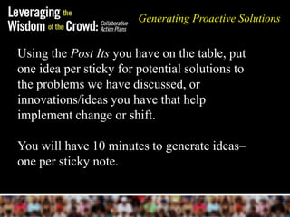 Generating Proactive Solutions


Using the Post Its you have on the table, put
one idea per sticky for potential solutions to
the problems we have discussed, or
innovations/ideas you have that help
implement change or shift.

You will have 10 minutes to generate ideas–
one per sticky note.
 