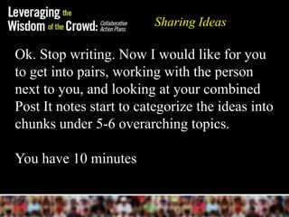 Sharing Ideas

Ok. Stop writing. Now I would like for you
to get into pairs, working with the person
next to you, and looking at your combined
Post It notes start to categorize the ideas into
chunks under 5-6 overarching topics.

You have 10 minutes
 