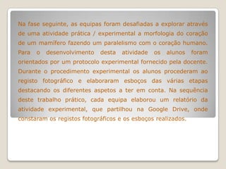 Na fase seguinte, as equipas foram desafiadas a explorar através
de uma atividade prática / experimental a morfologia do coração
de um mamífero fazendo um paralelismo com o coração humano.
Para o desenvolvimento desta atividade os alunos foram
orientados por um protocolo experimental fornecido pela docente.
Durante o procedimento experimental os alunos procederam ao
registo fotográfico e elaboraram esboços das várias etapas
destacando os diferentes aspetos a ter em conta. Na sequência
deste trabalho prático, cada equipa elaborou um relatório da
atividade experimental, que partilhou na Google Drive, onde
constaram os registos fotográficos e os esboços realizados.
 