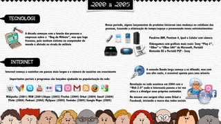 TECNOLOGI
2000 a 2005
INTERNET
Pendrive IBM, Pentium 4, Ipod e Celular com câmera
Wikipedia (2001) MSN (2001)Skype (2003) Firefox (2004) Orkut (2004) Gmail (2004)
Flickr (2004) Podcast (2004) MySpace (2005) Youtube (2005) Google Maps (2005)
Videogames com gráficos mais reais: Sony “Play 2”,
“XBox” e “XBox 360” da Microsoft, Portátil
Nintendo DS e Portátil PSP - Sony
Internet começa a caminhar em passos mais largos e o número de usuários em crescimento
Nesse período, alguns lançamentos de produtos iniciaram uma mudança no cotidiano das
pessoas, trazendo a otimização do tempo/espaço e promovendo novos entretenimentos:
A década começou com a tensão das pessoas e
empresas sobre o “Bug do Milênio”, mas que logo
fracassa, pois nenhum sistema ou computador do
mundo é afetado na virada do milênio
Importantes portais e programas são lançados ajudando na popularização da rede:
A conexão Banda larga começa a se difundir, mas com
seu alto custo, é acessível apenas para uma minoria
Revolução na rede acontece em 2004 com a
“Web 2.0” onde o internauta passou a ter voz
ativa e a divulgar seus próprios conteúdos
No mesmo ano surgem sites como Orkut e
Facebook, iniciando o marco das redes sociais
 