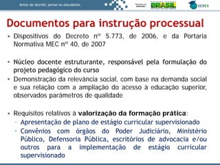 Antes de decidir, pense no estudante.
Documentos para instrução processual
• Dispositivos do Decreto nº 5.773, de 2006, e da Portaria
Normativa MEC nº 40, de 2007
• Núcleo docente estruturante, responsável pela formulação do
projeto pedagógico do curso
• Demonstração da relevância social, com base na demanda social
e sua relação com a ampliação do acesso à educação superior,
observados parâmetros de qualidade
• Requisitos relativos à valorização da formação prática:
▫ Apresentação de plano de estágio curricular supervisionado
• Convênios com órgãos do Poder Judiciário, Ministério
Público, Defensoria Pública, escritórios de advocacia e/ou
outros para a implementação de estágio curricular
supervisionado
 
