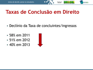 Antes de decidir, pense no estudante.
Taxas de Conclusão em Direito
• Declínio da Taxa de concluintes/ingressos
• 58% em 2011
• 51% em 2012
• 40% em 2013
 