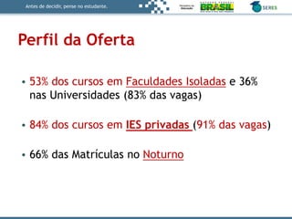 Antes de decidir, pense no estudante.
Perfil da Oferta
• 53% dos cursos em Faculdades Isoladas e 36%
nas Universidades (83% das vagas)
• 84% dos cursos em IES privadas (91% das vagas)
• 66% das Matrículas no Noturno
 
