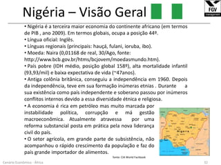 A taxa de inflação está controlada em 12-13%, e a taxa de juros para empréstimos de 12.5%  é muito mais atrativa que a brasileira, facilitando o crédito e o crescimento.16Cenário Econômico - África
