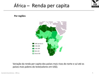 África –  Renda per capita______________________________________________________________________________________________________________Por regiõesVariação da renda per-capita dos países mais ricos do norte e sul até os países mais pobres do leste(valores em US$).5Cenário Econômico - África