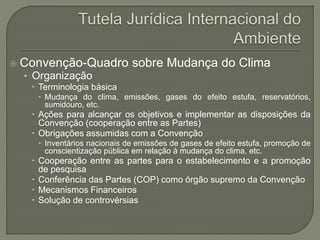  Convenção-Quadro sobre Mudança do Clima
• Organização
 Terminologia básica
 Mudança do clima, emissões, gases do efeito estufa, reservatórios,
sumidouro, etc.
 Ações para alcançar os objetivos e implementar as disposições da
Convenção (cooperação entre as Partes)
 Obrigações assumidas com a Convenção
 Inventários nacionais de emissões de gases de efeito estufa, promoção de
conscientização pública em relação à mudança do clima, etc.
 Cooperação entre as partes para o estabelecimento e a promoção
de pesquisa
 Conferência das Partes (COP) como órgão supremo da Convenção
 Mecanismos Financeiros
 Solução de controvérsias
 