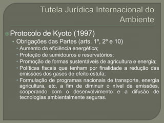Protocolo de Kyoto (1997)
• Obrigações das Partes (arts. 1º, 2º e 10)
 Aumento da eficiência energética;
 Proteção de sumidouros e reservatórios;
 Promoção de formas sustentáveis de agricultura e energia;
 Políticas fiscais que tenham por finalidade a redução das
emissões dos gases de efeito estufa;
 Formulação de programas nacionais de transporte, energia
agricultura, etc, a fim de diminuir o nível de emissões,
cooperando com o desenvolvimento e a difusão de
tecnologias ambientalmente seguras.
 