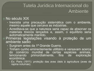  No século XIX
• Inexistia uma precaução sistemática com o ambiente,
mesmo aquele que cercava as indústrias.
• Acreditava-se que a natureza seria capaz de absorver os
materiais tóxicos lançados e, assim, o equilíbrio seria
automaticamente mantido.
 Primeiras legislações visando à proteção de um
ambiente sadio
• Surgiram antes da 1ª Grande Guerra.
• Tinham cunho eminentemente utilitário e versavam acerca
do comércio mundial de certas espécies animais,
tencionando primordialmente, fins de exploração
econômica.
 Ex: Paris (1911): proteção das aves úteis à agricultura (aves de
rapina noturnas).
 