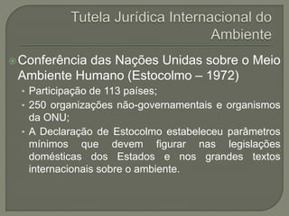 Conferência das Nações Unidas sobre o Meio
Ambiente Humano (Estocolmo – 1972)
• Participação de 113 países;
• 250 organizações não-governamentais e organismos
da ONU;
• A Declaração de Estocolmo estabeleceu parâmetros
mínimos que devem figurar nas legislações
domésticas dos Estados e nos grandes textos
internacionais sobre o ambiente.
 