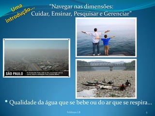 “Navegar nas dimensões:
          Cuidar, Ensinar, Pesquisar e Gerenciar”




• Qualidade da água que se bebe ou do ar que se respira...
                        Feldman LB                     5
 