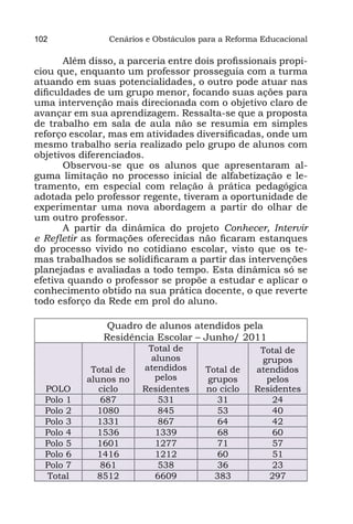 102             Cenários e Obstáculos para a Reforma Educacional

       Além disso, a parceria entre dois profissionais propi-
ciou que, enquanto um professor prosseguia com a turma
atuando em suas potencialidades, o outro pode atuar nas
dificuldades de um grupo menor, focando suas ações para
uma intervenção mais direcionada com o objetivo claro de
avançar em sua aprendizagem. Ressalta-se que a proposta
de trabalho em sala de aula não se resumia em simples
reforço escolar, mas em atividades diversificadas, onde um
mesmo trabalho seria realizado pelo grupo de alunos com
objetivos diferenciados.
       Observou-se que os alunos que apresentaram al-
guma limitação no processo inicial de alfabetização e le-
tramento, em especial com relação à prática pedagógica
adotada pelo professor regente, tiveram a oportunidade de
experimentar uma nova abordagem a partir do olhar de
um outro professor.
       A partir da dinâmica do projeto Conhecer, Intervir
e Refletir as formações oferecidas não ficaram estanques
do processo vivido no cotidiano escolar, visto que os te-
mas trabalhados se solidificaram a partir das intervenções
planejadas e avaliadas a todo tempo. Esta dinâmica só se
efetiva quando o professor se propõe a estudar e aplicar o
conhecimento obtido na sua prática docente, o que reverte
todo esforço da Rede em prol do aluno.

                Quadro de alunos atendidos pela
               Residência Escolar – Junho/ 2011
                         Total de                   Total de
                          alunos                    grupos
            Total de    atendidos      Total de    atendidos
           alunos no       pelos       grupos        pelos
  POLO        ciclo     Residentes     no ciclo    Residentes
  Polo 1      687           531          31            24
  Polo 2     1080           845           53           40
  Polo 3     1331           867           64           42
  Polo 4     1536          1339           68           60
  Polo 5     1601          1277           71           57
  Polo 6     1416          1212           60           51
  Polo 7      861           538           36           23
  Total      8512          6609          383          297
 