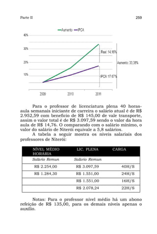 Parte II                                                 259




      Para o professor de licenciatura plena 40 horas-
aula semanais iniciante de carreira o salário atual é de R$
2.952,59 com beneficio de R$ 145,00 de vale transporte,
assim o valor total é de R$ 3.097,59 sendo o valor da hora
aula de R$ 14,76. O comparando com o salário mínimo, o
valor do salário de Niterói equivale a 5,8 salários.
      A tabela a seguir mostra os níveis salariais dos
professores de Niterói:

       NÍVEL MÉDIO 	        LIC. PLENA 	    CARGA
       HORÁRIA
       Salário Remun 	     Salário Remun
           R$ 2.254,00 	    R$ 3.097,59 	        40H/S
           R$ 1.284,30 	    R$ 1.551,00 	        24H/S
                            R$ 1.551,00 	        16H/S
                            R$ 2.078,24 	        22H/S


      Notas: Para o professor nível médio há um abono
refeição de R$ 135,00, para os demais níveis apenas o
auxílio.
 