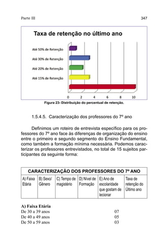 Parte III                                                          347



        Taxa de retenção no último ano




            Figura 23- Distribuição do percentual de retenção.



      1.5.4.5. Caracterização dos professores do 7º ano

      Definimos um roteiro de entrevista específico para os pro-
fessores do 7º ano face às diferenças de organização do ensino
entre o primeiro e segundo segmento do Ensino Fundamental,
como também a formação mínima necessária. Podemos carac-
terizar os professores entrevistados, no total de 15 sujeitos par-
ticipantes da seguinte forma:


    CARACTERIZAÇÃO DOS PROFESSORES DO 7º ANO
A) Faixa B) Sexo/   C) Tempo de D) Nível de E) Ano de     Taxa de
Etária   Gênero     magistério  Formação escolaridade     retenção do
                                            que gostam de Último ano
                                            lecionar

A) Faixa Etária
De 30 a 39 anos					                                    07
De 40 a 49 anos					                                    05
De 50 a 59 anos					                                    03
 