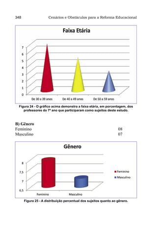348                   Cenários e Obstáculos para a Reforma Educacional




 Figura 24 - O gráfico acima demonstra a faixa etária, em porcentagem, dos
    professores do 7º ano que participaram como sujeitos deste estudo.



B) Gênero
Feminino							                                                    08
Masculino							                                                   07




      Figura 25 - A distribuição percentual dos sujeitos quanto ao gênero.
 