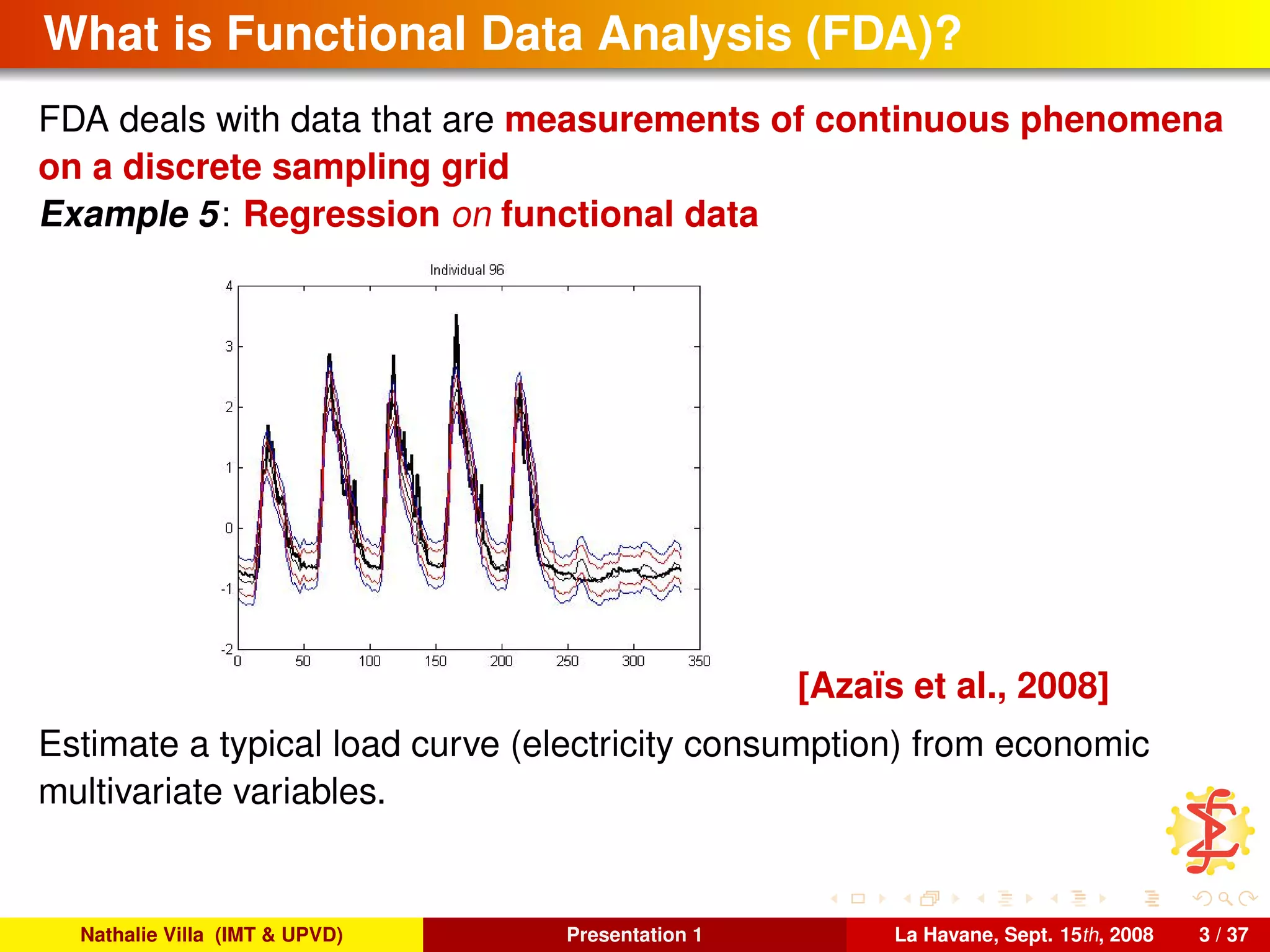 What is Functional Data Analysis (FDA)?
FDA deals with data that are measurements of continuous phenomena
on a discrete sampling grid
Example 5: Regression on functional data
[Azaïs et al., 2008]
Estimate a typical load curve (electricity consumption) from economic
multivariate variables.
Nathalie Villa (IMT & UPVD) Presentation 1 La Havane, Sept. 15th, 2008 3 / 37
 