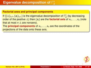 Eigenvalue decomposition of Γn
X
Factorial axes and principal components
If ((λi)i≥1, (ai)i≥1) is the eigenvalue decomposition of Γn
X
(by decreasing
order of the positive λi) then (ai) are the factorial axis of x1, . . . , xn (note
that at most n λi are nonzero).
The principal components of x1, . . . , xn are the coordinates of the
projections of the data onto these axis.
Nathalie Villa (IMT & UPVD) Presentation 1 La Havane, Sept. 15th, 2008 17 / 37
 