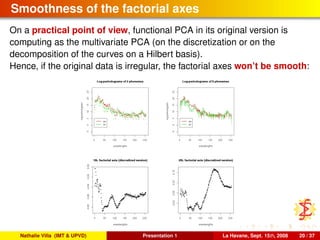 Smoothness of the factorial axes
On a practical point of view, functional PCA in its original version is
computing as the multivariate PCA (on the discretization or on the
decomposition of the curves on a Hilbert basis).
Hence, if the original data is irregular, the factorial axes won’t be smooth:
Nathalie Villa (IMT & UPVD) Presentation 1 La Havane, Sept. 15th, 2008 20 / 37
 