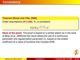 Consistency
Theorem [Rossi and Villa, 2006]
Under assumptions (A1)-(A8), Ψn is consistent:
E (LΨn)
n→+∞
−−−−−−→ L∗
.
Ideas of the proof: The proof is based on a similar sketch as in the work
of [Biau et al., 2005] but the result allows the use of a continuous
parameter (the regularization parameter C), based on the shatter
coefﬁcient of a class of functions that includes SVM.
Nathalie Villa (IMT & UPVD) Presentation 3 La Havane, Sept. 17th, 2008 33 / 39
 