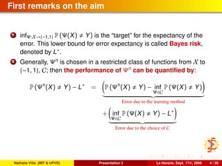 First remarks on the aim
1 infΨ:X→{−1,1} P (Ψ(X) Y) is the “target” for the expectancy of the
error. This lower bound for error expectancy is called Bayes risk,
denoted by L∗.
2 Generally, Ψn
is chosen in a restricted class of functions from X to
{−1, 1}, C; then the performance of Ψn
can be quantiﬁed by:
P (Ψn
(X) Y) − L∗
= P (Ψn
(X) Y) − inf
Ψ∈C
P (Ψ(X) Y)
Error due to the training method
+ inf
Ψ∈C
P (Ψ(X) Y) − L∗
Error due to the choice of C
Nathalie Villa (IMT & UPVD) Presentation 3 La Havane, Sept. 17th, 2008 4 / 39
 