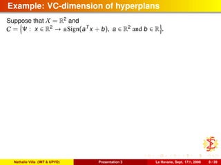 Example: VC-dimension of hyperplans
Suppose that X = R2
and
C = Ψ : x ∈ R2
→ ±Sign(aT
x + b), a ∈ R2
and b ∈ R .
Nathalie Villa (IMT & UPVD) Presentation 3 La Havane, Sept. 17th, 2008 8 / 39
 