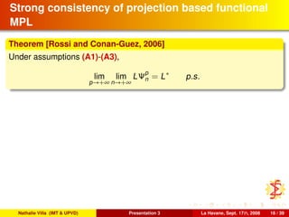 Strong consistency of projection based functional
MPL
Theorem [Rossi and Conan-Guez, 2006]
Under assumptions (A1)-(A3),
lim
p→+∞
lim
n→+∞
LΨp
n = L∗
p.s.
Nathalie Villa (IMT & UPVD) Presentation 3 La Havane, Sept. 17th, 2008 16 / 39
 