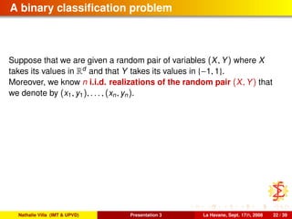 A binary classiﬁcation problem
Suppose that we are given a random pair of variables (X, Y) where X
takes its values in Rd
and that Y takes its values in {−1, 1}.
Moreover, we know n i.i.d. realizations of the random pair (X, Y) that
we denote by (x1, y1), . . . , (xn, yn).
Nathalie Villa (IMT & UPVD) Presentation 3 La Havane, Sept. 17th, 2008 22 / 39
 
