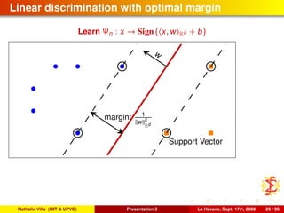 Linear discrimination with optimal margin
Learn Ψn : x → Sign ( x, w Rd + b)
w
margin: 1
w 2
Rd
Support Vector
Nathalie Villa (IMT & UPVD) Presentation 3 La Havane, Sept. 17th, 2008 23 / 39
 