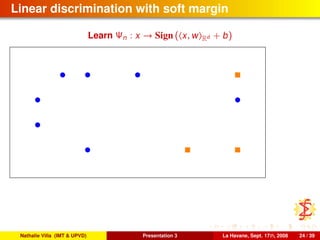 Linear discrimination with soft margin
Learn Ψn : x → Sign ( x, w Rd + b)
Nathalie Villa (IMT & UPVD) Presentation 3 La Havane, Sept. 17th, 2008 24 / 39
 