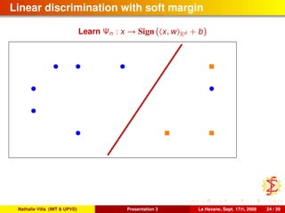 Linear discrimination with soft margin
Learn Ψn : x → Sign ( x, w Rd + b)
Nathalie Villa (IMT & UPVD) Presentation 3 La Havane, Sept. 17th, 2008 24 / 39
 
