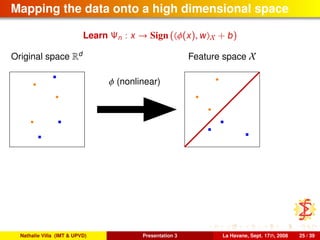 Mapping the data onto a high dimensional space
Learn Ψn : x → Sign ( φ(x), w X + b)
Original space Rd
Feature space X
φ (nonlinear)
Nathalie Villa (IMT & UPVD) Presentation 3 La Havane, Sept. 17th, 2008 25 / 39
 