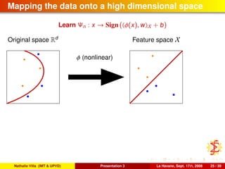 Mapping the data onto a high dimensional space
Learn Ψn : x → Sign ( φ(x), w X + b)
Original space Rd
Feature space X
φ (nonlinear)
Nathalie Villa (IMT & UPVD) Presentation 3 La Havane, Sept. 17th, 2008 25 / 39
 
