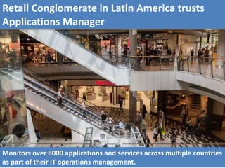 Monitors over 8000 applications and services across multiple countries
as part of their IT operations management.
Retail Conglomerate in Latin America trusts
Applications Manager
 