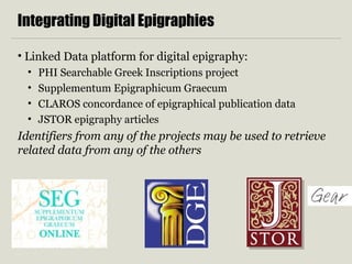 Integrating Digital Epigraphies
• Linked Data platform for digital epigraphy:
• PHI Searchable Greek Inscriptions project
• Supplementum Epigraphicum Graecum
• CLAROS concordance of epigraphical publication data
• JSTOR epigraphy articles
Identifiers from any of the projects may be used to retrieve
related data from any of the others
 