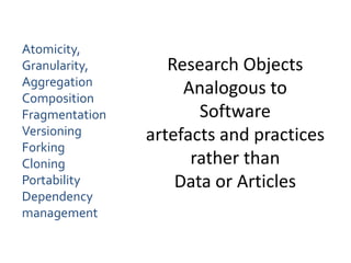 Research Objects
Analogous to
Software
artefacts and practices
rather than
Data or Articles
Atomicity,
Granularity,
Aggregation
Composition
Fragmentation
Versioning
Forking
Cloning
Portability
Dependency
management
 