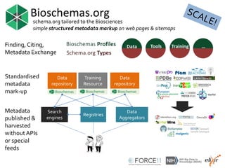 schema.org tailored to the Biosciences
simple structured metadata markup on web pages & sitemaps
Standardised
metadata
mark-up
Metadata
published &
harvested
withoutAPIs
or special
feeds
Data
repository
Data
repository
Training
Resource
Bioschemas BioschemasBioschemas
Search
engines
Registries
Data
Aggregators
Finding, Citing,
Metadata Exchange
 