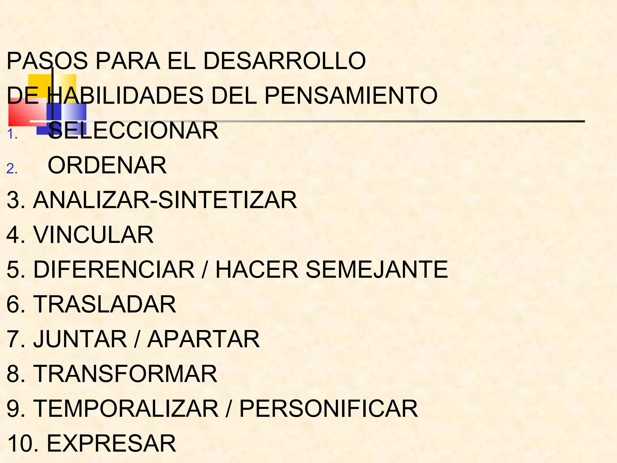 PASOS PARA EL DESARROLLO
DE HABILIDADES DEL PENSAMIENTO
1.  SELECCIONAR
2.  ORDENAR
3. ANALIZAR-SINTETIZAR
4. VINCULAR
5. DIFERENCIAR / HACER SEMEJANTE
6. TRASLADAR
7. JUNTAR / APARTAR
8. TRANSFORMAR
9. TEMPORALIZAR / PERSONIFICAR
10. EXPRESAR
 