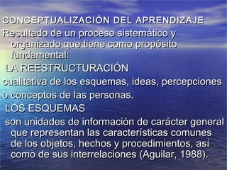 CONCEPTUALIZACIÓN DEL APRENDIZAJE
Resultado de un proceso sistemático y
  organizado que tiene como propósito
  fundamental:
 LA REESTRUCTURACIÓN
cualitativa de los esquemas, ideas, percepciones
o conceptos de las personas.
 LOS ESQUEMAS
 son unidades de información de carácter general
  que representan las características comunes
  de los objetos, hechos y procedimientos, así
  como de sus interrelaciones (Aguilar, 1988).
 