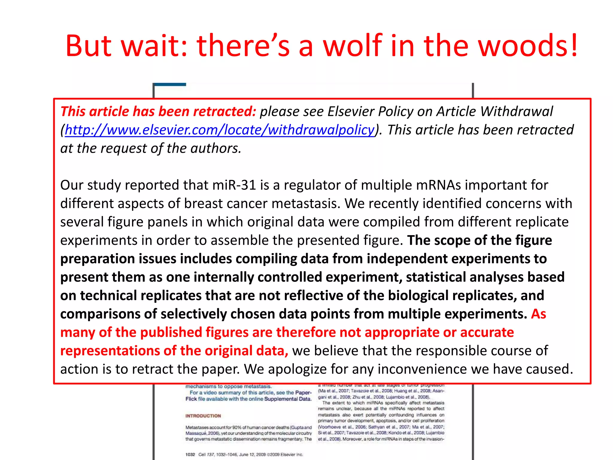 But wait: there’s a wolf in the woods!
This article has been retracted: please see Elsevier Policy on Article Withdrawal
(http://www.elsevier.com/locate/withdrawalpolicy). This article has been retracted
at the request of the authors.
Our study reported that miR-31 is a regulator of multiple mRNAs important for
different aspects of breast cancer metastasis. We recently identified concerns with
several figure panels in which original data were compiled from different replicate
experiments in order to assemble the presented figure. The scope of the figure
preparation issues includes compiling data from independent experiments to
present them as one internally controlled experiment, statistical analyses based
on technical replicates that are not reflective of the biological replicates, and
comparisons of selectively chosen data points from multiple experiments. As
many of the published figures are therefore not appropriate or accurate
representations of the original data, we believe that the responsible course of
action is to retract the paper. We apologize for any inconvenience we have caused.
 