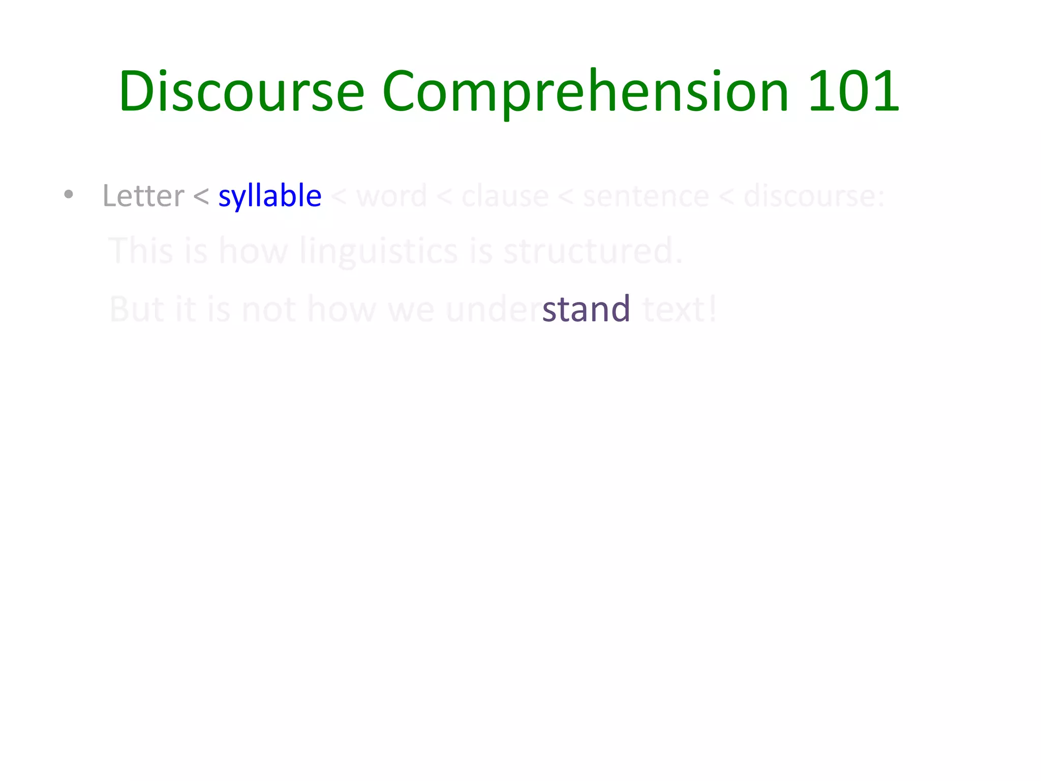 • Letter < syllable < word < clause < sentence < discourse:
This is how linguistics is structured.
But it is not how we understand text!
Discourse Comprehension 101
 