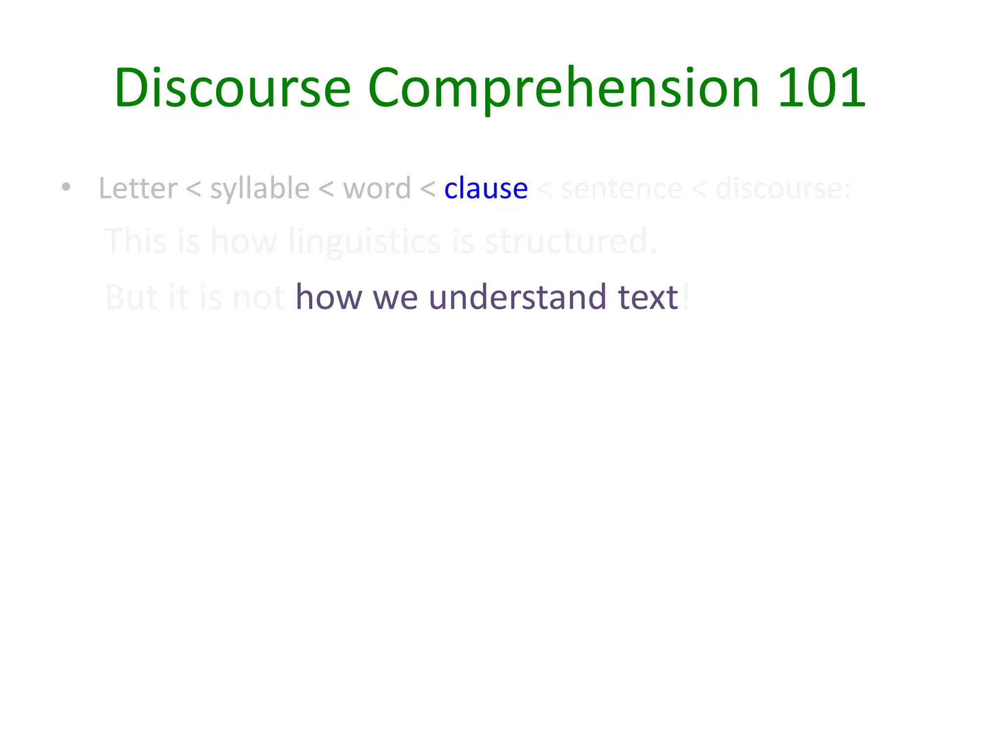 • Letter < syllable < word < clause < sentence < discourse:
This is how linguistics is structured.
But it is not how we understand text!
Discourse Comprehension 101
 