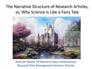 The Narrative Structure of Research Articles,
or, Why Science is Like a Fairy Tale
Anita de Waard, VP Research Data Collaborations
Research Data Management Services, Elsevier
 