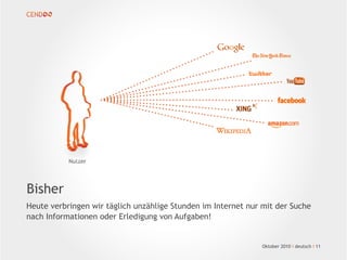 Oktober 2010 I deutsch I 11
Bisher
Heute verbringen wir täglich unzählige Stunden im Internet nur mit der Suche
nach Informationen oder Erledigung von Aufgaben!
Nutzer
 