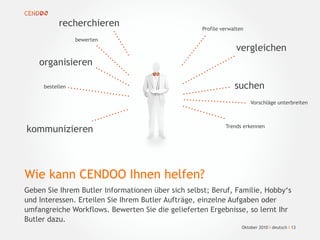 recherchieren
bewerten
organisieren
bestellen
kommunizieren
suchen
Profile verwalten
vergleichen
Vorschläge unterbreiten
Trends erkennen
Wie kann CENDOO Ihnen helfen?
Oktober 2010 I deutsch I 13
Geben Sie Ihrem Butler Informationen über sich selbst; Beruf, Familie, Hobby‘s
und Interessen. Erteilen Sie Ihrem Butler Aufträge, einzelne Aufgaben oder
umfangreiche Workflows. Bewerten Sie die gelieferten Ergebnisse, so lernt Ihr
Butler dazu.
 
