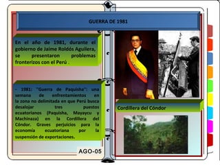 GUERRA DE 1981


En el año de 1981, durante el
gobierno de Jaime Roldós Aguilera,
se     presentaron        problemas
fronterizos con el Perú .



- 1981: ''Guerra de Paquisha'': una
semana     de     enfrentamientos    en
la zona no delimitada en que Perú busca
desalojar          tres         puestos      Cordillera del Cóndor
ecuatorianos (Paquisha, Mayaycu y
Machinaza) en la Cordillera del
Cóndor. Graves perjuicios para la
economía       ecuatoriana    por     la
suspensión de exportaciones.


                              AGO-05
 