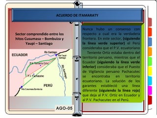 ACUERDO DE ITAMARATY


                                   Nunca hubo un consenso con
Sector comprendido entre los       respecto a cual era la verdadera
hitos Cusumasa – Bombuiza y        frontera. En este sector, (siguiendo
       Yaupi – Santiago            la línea verde superior) el Perú
                                   consideraba que el P.V. ecuatoriano
                                      Teniente Ortiz estaba dentro del
                                   territorio peruano, mientras que el
                                   Ecuador (siguiendo la línea verde
                                   inferior) consideraba que el Puesto
                                   de Vigilancia peruano Pachacutec
                                   se encontraba en territorio
                                   ecuatoriano. La solución de los
                                   garantes estableció una línea
                                   diferente (siguiendo la línea roja)
                                   que deja al P.V. Ortiz en Ecuador y
                                   al P.V. Pachacutec en el Perú.

                       AGO-05
 