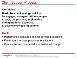 Confidential and Proprietary | © 2016 Cenergistic LLC
This material may not be copied, modified, distributed or disclosed except upon written approval from Cenergistic.
Client Support Process
Our Vision
Maximize client savings quickly
by engaging an organization’s people
to apply our process, engineering
and operational expertise,
to drive energy use reductions.
Goals
• Performance measured against savings projections
• Faster ramp to client program’s entitlement
• Continuous improvement drives sustained change
15
 