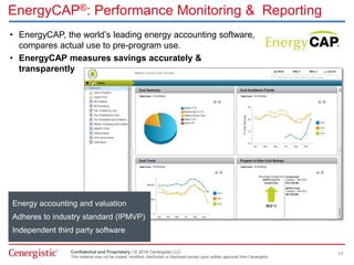 Confidential and Proprietary | © 2016 Cenergistic LLC
This material may not be copied, modified, distributed or disclosed except upon written approval from Cenergistic.
EnergyCAP®: Performance Monitoring & Reporting
• EnergyCAP, the world’s leading energy accounting software,
compares actual use to pre-program use.
• EnergyCAP measures savings accurately &
transparently
Energy accounting and valuation
Adheres to industry standard (IPMVP)
Independent third party software
17
 
