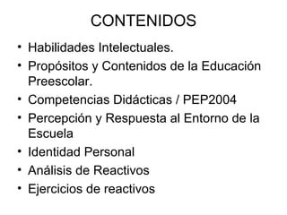CONTENIDOS Habilidades Intelectuales. Propósitos y Contenidos de la Educación Preescolar. Competencias Didácticas / PEP2004 Percepción y Respuesta al Entorno de la Escuela Identidad Personal Análisis de Reactivos Ejercicios de reactivos