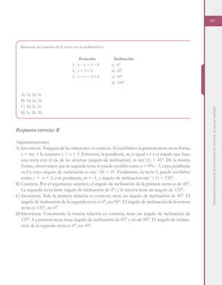 Lineamientosparalaconstruccióndereactivosdeopciónmúltiple
57
  Relacione la ecuación de la recta con la inclinación α.
A)	1a, 2d, 3c
B)	1b, 2a, 3d
C)	1b, 2c, 3a
D)	1c, 2b, 3d
Respuesta correcta: B
Argumentaciones:
A)	Incorrecta. Ninguna de las relaciones es correcta. Si escribimos la primera recta en su forma
y = mx + b, tenemos y = x + 3. Entonces, la pendiente, m, es igual a 1 y el ángulo que hace
esta recta con el eje de las abscisas (ángulo de inclinación) es tan-1
(1) = 45°. De la misma
forma, observamos que la segunda recta se puede escribir como y = 0*x - 3, cuya pendiente
es 0 y cuyo ángulo de inclinación es tan-1
(0) = 0°. Finalmente, la recta 3, puede escribirse
como y = -x + 3, con pendiente, m = -1, y ángulo de inclinación tan-1
(-1) = 135°.
B)	Correcta. Por el argumento anterior, el ángulo de inclinación de la primera recta es de 45°.
La segunda recta tiene ángulo de inclinación de 0°, y la tercera tiene un ángulo de 135°.
C)	Incorrecta. Solo la primera relación es correcta; tiene un ángulo de inclinación de 45°. El
ángulo de inclinación de la segunda recta es 0°, no 90°. El ángulo de inclinación de la tercera
recta es 135°, no 0°.
D)	Incorrecta. Únicamente la tercera relación es correcta; tiene un ángulo de inclinación de
135°. La primera recta tiene ángulo de inclinación de 45° y no de 90°. El ángulo de inclina-
ción de la segunda recta es 0°, no 45°.
Ecuación
1.	 x − y + 3 = 0
2.	 y + 3 = 0
3.	 x + y − 3 = 0
Inclinación
a)	0°
b)	45°
c)	90°
d)	135°
 
